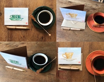 Watercolor coffee cup cards. Hand painted