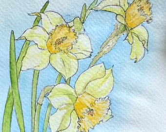 Hand painted Daffodils card. delivered with envelope. For Mother's Day, birthday or Valentine's Day.