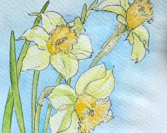Jonquilles à l’aquarelle . Peinte à la main montée en carte livrée avec enveloppe. Pour fête des mères anniversaire ou saint Valentin.
