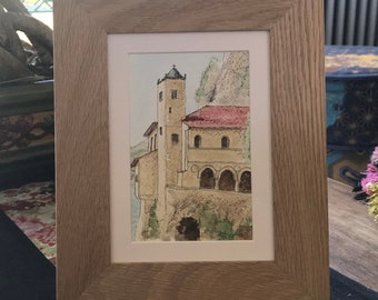 Eglise Santa Caterina del sasso Italie à l’aquarelle. Lombardie Italie. Tableau peint à la main format carte postale.