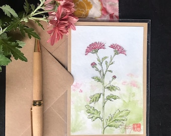 Les chrysanthèmes Carte peinte à la main. Format carte postale avec enveloppe
