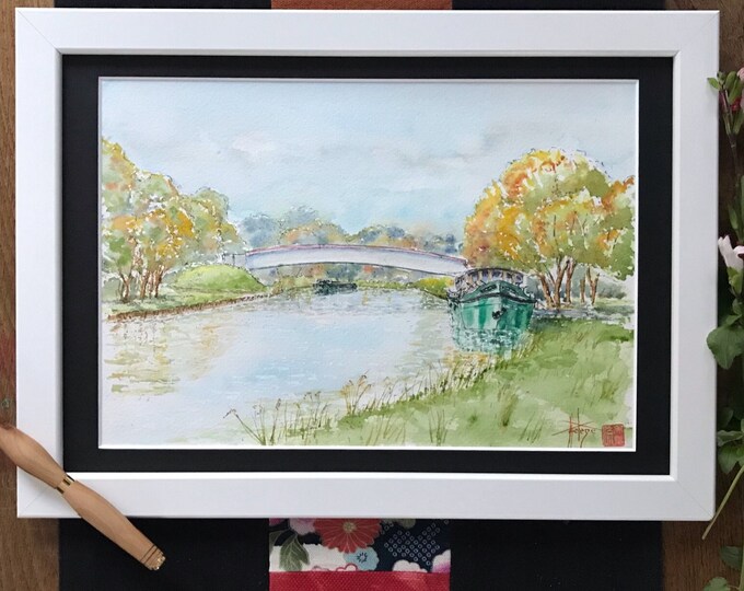 Péniche canal en automne à l’aquarelle. Tableau original peint à la main. Encadré.