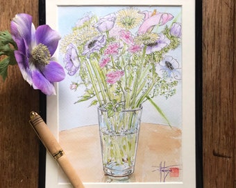 Aquarelle bouquet de fleurs anémones et gerberas. Tableau peint à la main encadré.