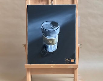 VENDUE .Peinture à l'huile originale le mug de café. Tableau sur toile châssis peint à la main.