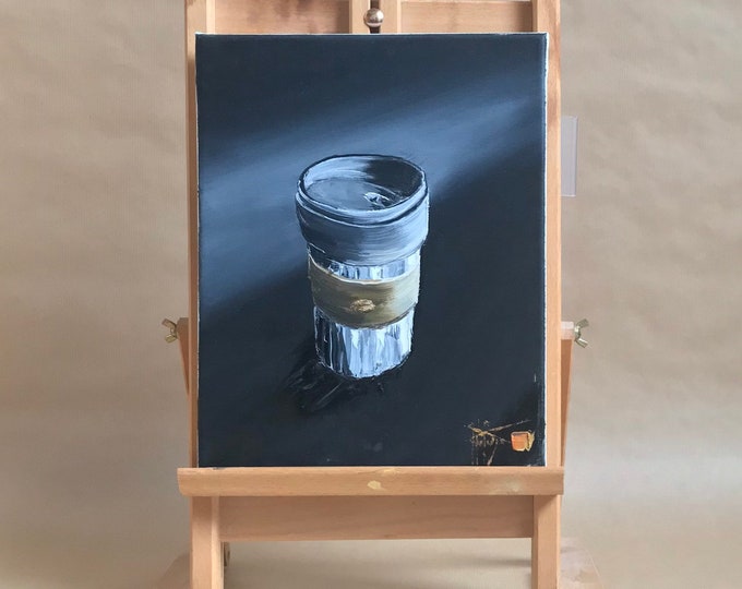 VENDUE .Peinture à l'huile originale le mug de café. Tableau sur toile châssis peint à la main.