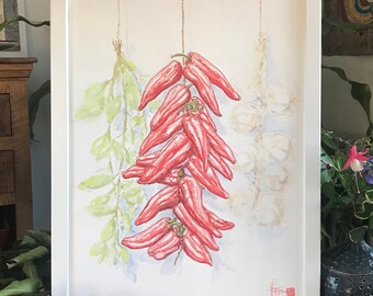 les piments d’espelette peints à l’aquarelle. Tableau Peint à la main encadrée.