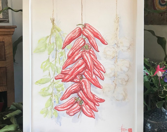 les piments d’espelette peints à l’aquarelle. Tableau Peint à la main encadrée.