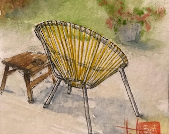 Fauteuil du jardin peint à l’aquarelle. Tableau peint à la main.