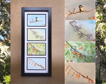Quartet of original watercolors, cherry tree with four seasons. Four postcard format. Hand-painted painting