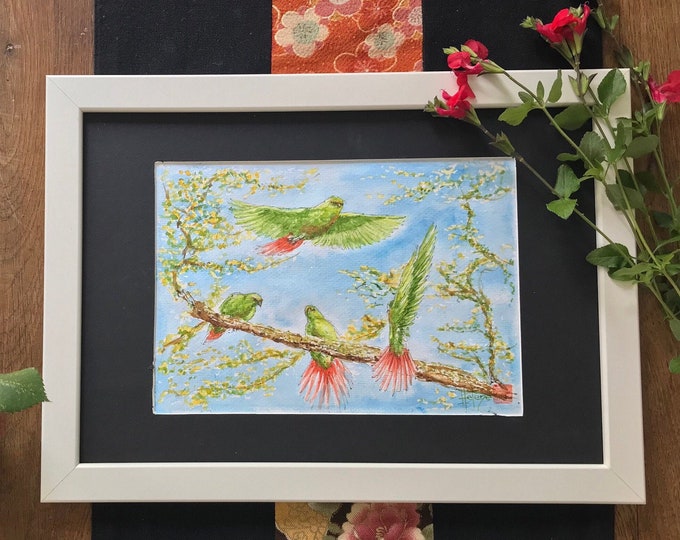 Tableau à l’aquarelle, les Conures magellaniques. Pour fête des mères, anniversaire, saint valentin. Aquarelle originale peinte à la main.