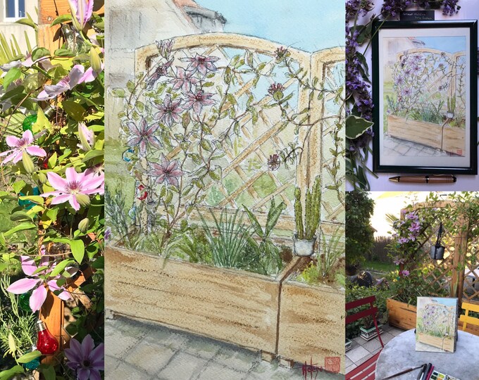 Aquarelle les clématites du jardin. Tableau Peint à la main encadré.