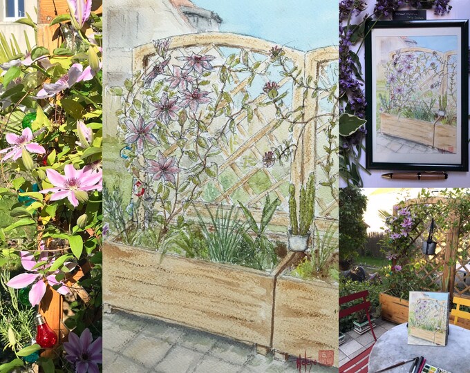 Tableau à l'aquarelle originale, clématites du jardin. Peinte à la main.