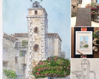 Watercolor of the Belfry of Tourtour in Provence. Hand-painted painting.