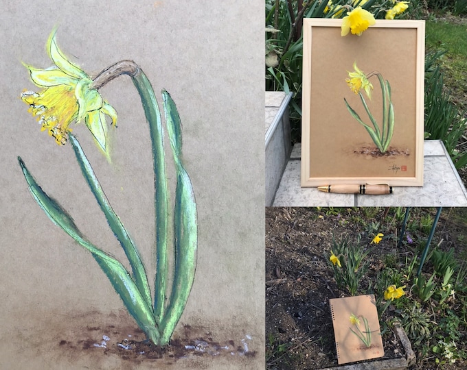 Tableau aux pastels à l'huile la jonquille du jardin. Oeuvre originale format A4 encadrée. Pour fête des mères anniversaire saint valentin.