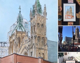 Aquarelle, l'église unie Saint-jean Montréal. Originale peinte à la main.