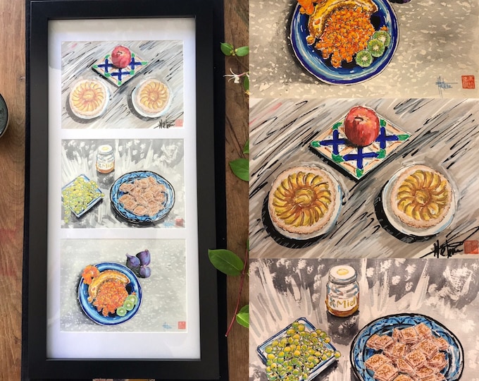 Tableau aux Poscas et autres techniques sur le thèmes du repas. Dessins réalisés à la main.