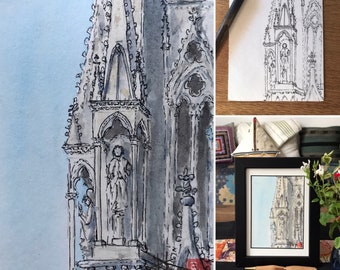 Watercolor postcard size of a pinnacle of Reims Cathedral. Framed painting 13x18cm hand painted.
