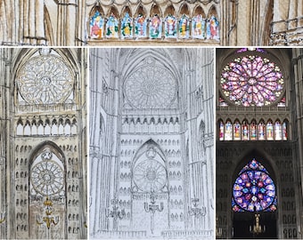 impression à colorier des vitraux de la cathédrale de Reims et la façade de la cathédrale de Reims