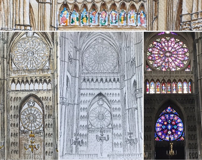 impression à colorier des vitraux de la cathédrale de Reims et la façade de la cathédrale de Reims