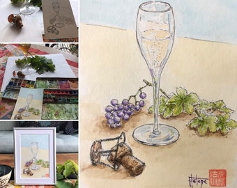 Watercolor champagne and grapes. Original hand painted framed painting.