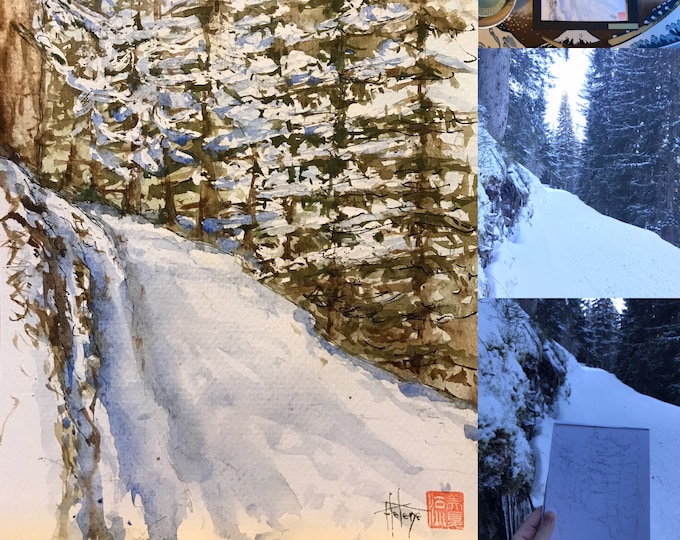 Watercolor, Snowy hike in original mountain. Hand painted.