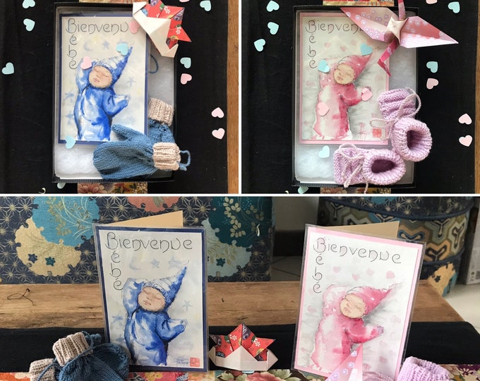 Coffret naissance personnalisé. carte aquarelle peinte à la main avec des chausson bébé ou des gants et un origami
