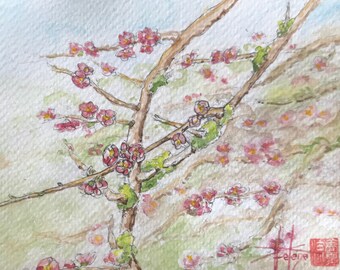 Aquarelle florale Cognassier du japon. Format carte postale. Peinte à la main