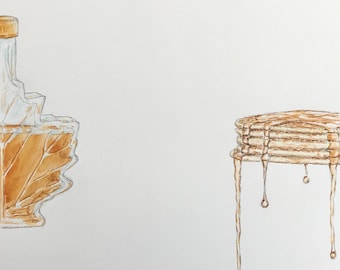 les Pancakes et sirop d'érable à l’aquarelle. Tableau encadré mural peint à la main.