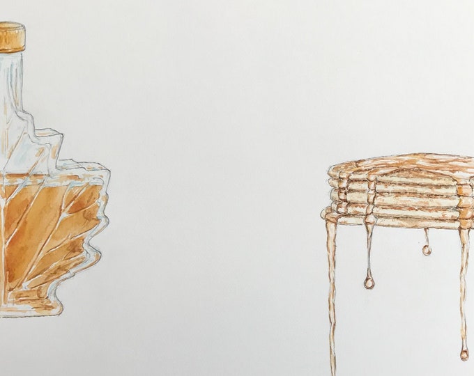 les Pancakes et sirop d'érable à l’aquarelle. Tableau encadré mural peint à la main.