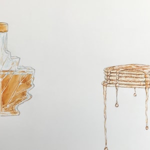 Aquarell-Pfannkuchen und Ahornsirup, Original handgemaltes Wandgemälde.