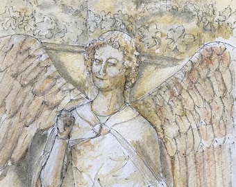 l’ange au sourire de la cathédrale de Reims a l’aquarelle. Tableau peint à la main