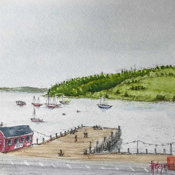 Aquarelle port de Lunenburg Canada. Tableau original peint à la main Format A5.