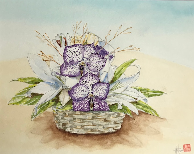 Aquarelle bouquet de lys et d'orchidées. Tableau original peint à la main. Pour fête des mères anniversaire ou saint valentin.