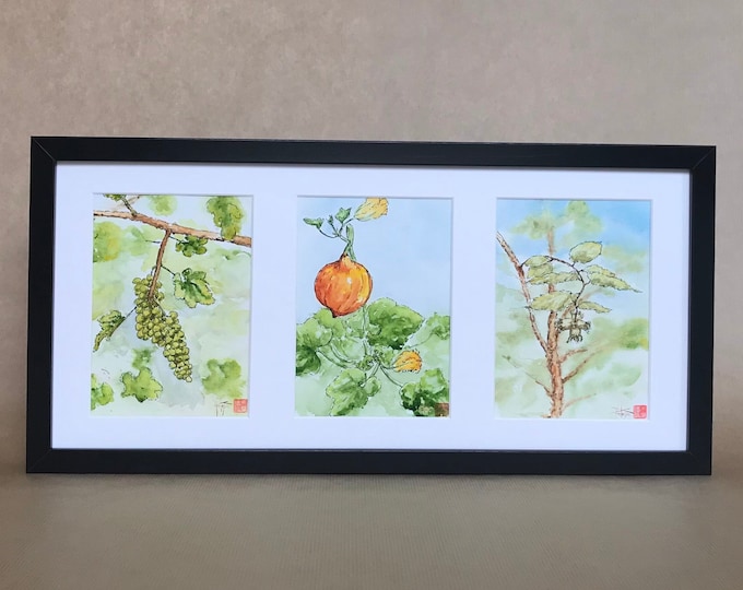 Triptyque d'aquarelles le potager en été. Tableau Original peint à la main