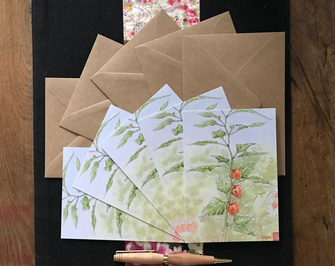 Set of five floral postcards. Printed, after one of my original watercolors, the physalis.