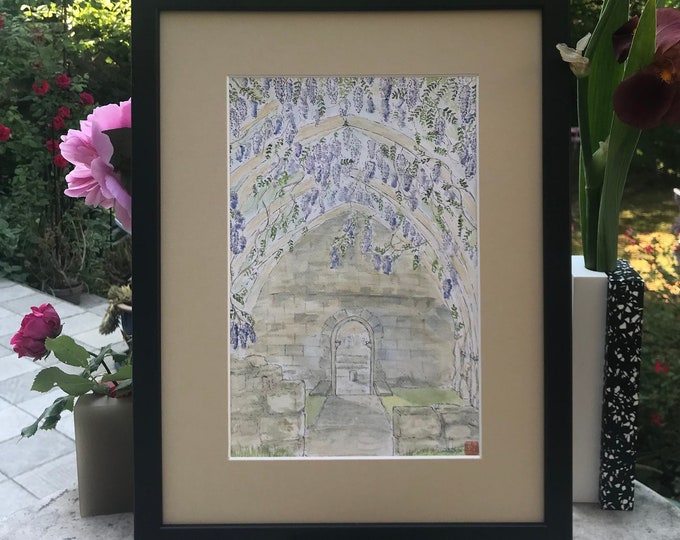 Aquarelle originale, les glycines du jardin de La Chapelle de Felletin. Tableau peint à la main.