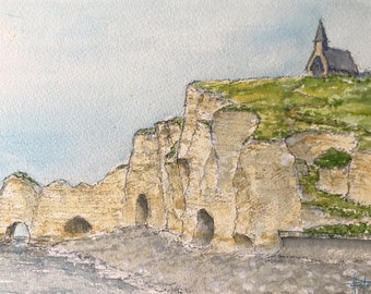 Etretat cliff watercolor. Original hand-painted picture in A4 format.