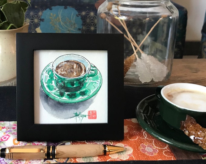 VENDUE. Aquarelle café expresso bistrot. Tableau encadré peint à la main.