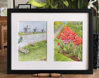 Duo of watercolor landscapes of Holland. Kinderjik windmill and tulips from the Keukenhorf garden. Hand painted wall picture.