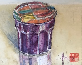 Vendue. Aquarelle le pot de confiture. Mini tableau original encadré peint à la main.