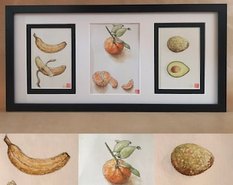 Trio of watercolors, clementine banana avocado. Original hand-painted painting.