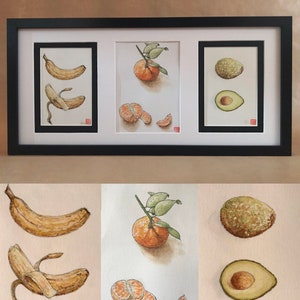 Trio of watercolors, clementine, banana, avocado. Original hand-painted painting.