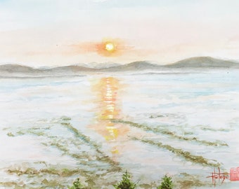 Aquarelle couché de soleil sur le fleuve St Laurent. Tableau peint à la main Format A5, Tableau A4.