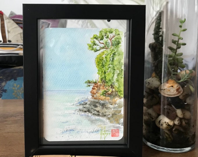 Watercolor Roquebrune Cap Martin beach. framed hand-painted postcard size painting.