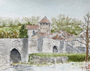 Watercolor the Abbey and Roman bridge of Moutier-d'Ahun. Original hand-painted wall picture. Framed 25x31cm