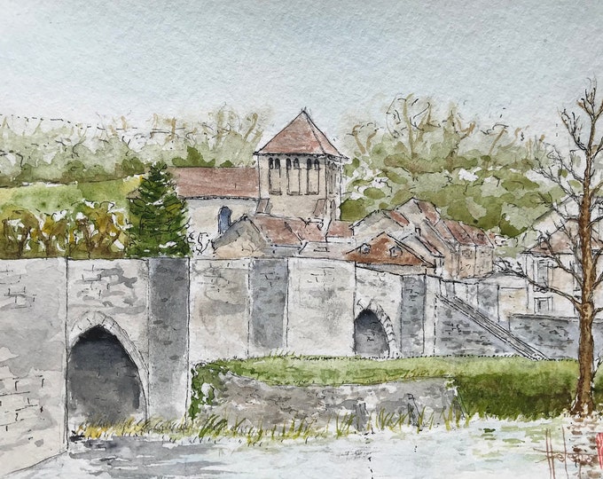 Watercolor the Abbey and Roman bridge of Moutier-d'Ahun. Original hand-painted wall picture. Framed 25x31cm