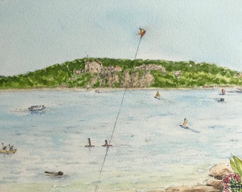 Aquarelle de L’île du masque de fer Canne. Tableau original peint à la main.