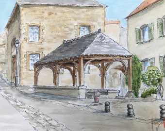Lavoir de Chenay village champenois à l’aquarelle. Tableau original peint à la main.