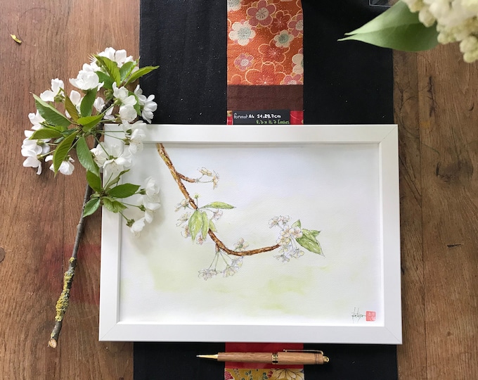 Aquarelle, le cerisier en fleurs. Originale, peinte à la main. Pour fête des mères, anniversaire, saint valentin.