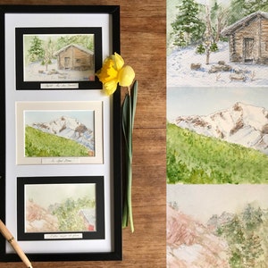Triptyque d’aquarelles montagne le Mont Blanc. Format carte postale. Peinte à la main
